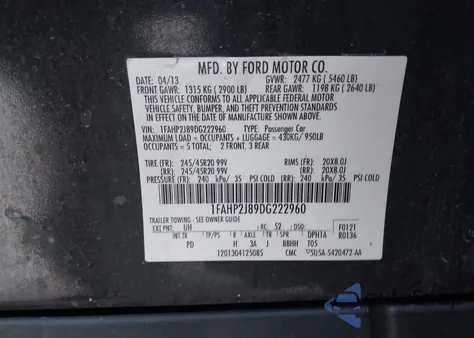 2013 Ford Taurus Limited z USA, uszkodzony, nr VIN 1FAHP2J89DG222960